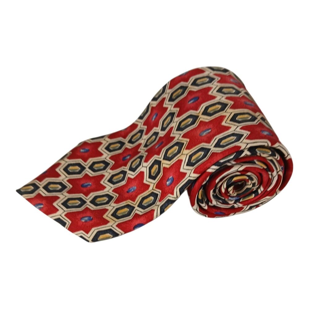 VTG Paris Mens Gold Red Necktie Tie Geometric Art Deco Wide 4" x 59" Long